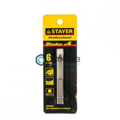 Сверло по кафелю и стеклу  6мм с четырьмя режущими лезвиями STAYER -  магазин крепежа «ТАТМЕТИЗ»