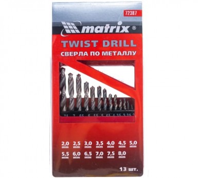 Набор сверл по металлу, 2-8 мм (через 0, 5 мм), HSS, 13 шт., метал. коробка цил. хвостовик MATRIX -  магазин крепежа «ТАТМЕТИЗ»